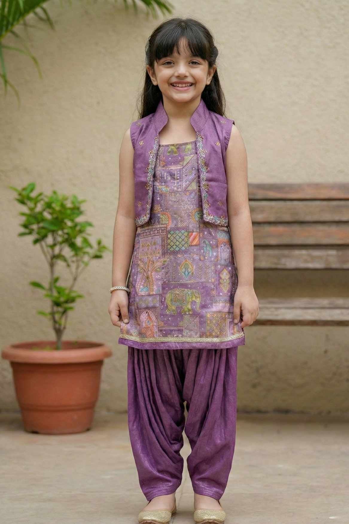 Purple Printed Patiala Set with Embroidered Jacket For Girls