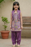 Purple Printed Patiala Set with Embroidered Jacket For Girls