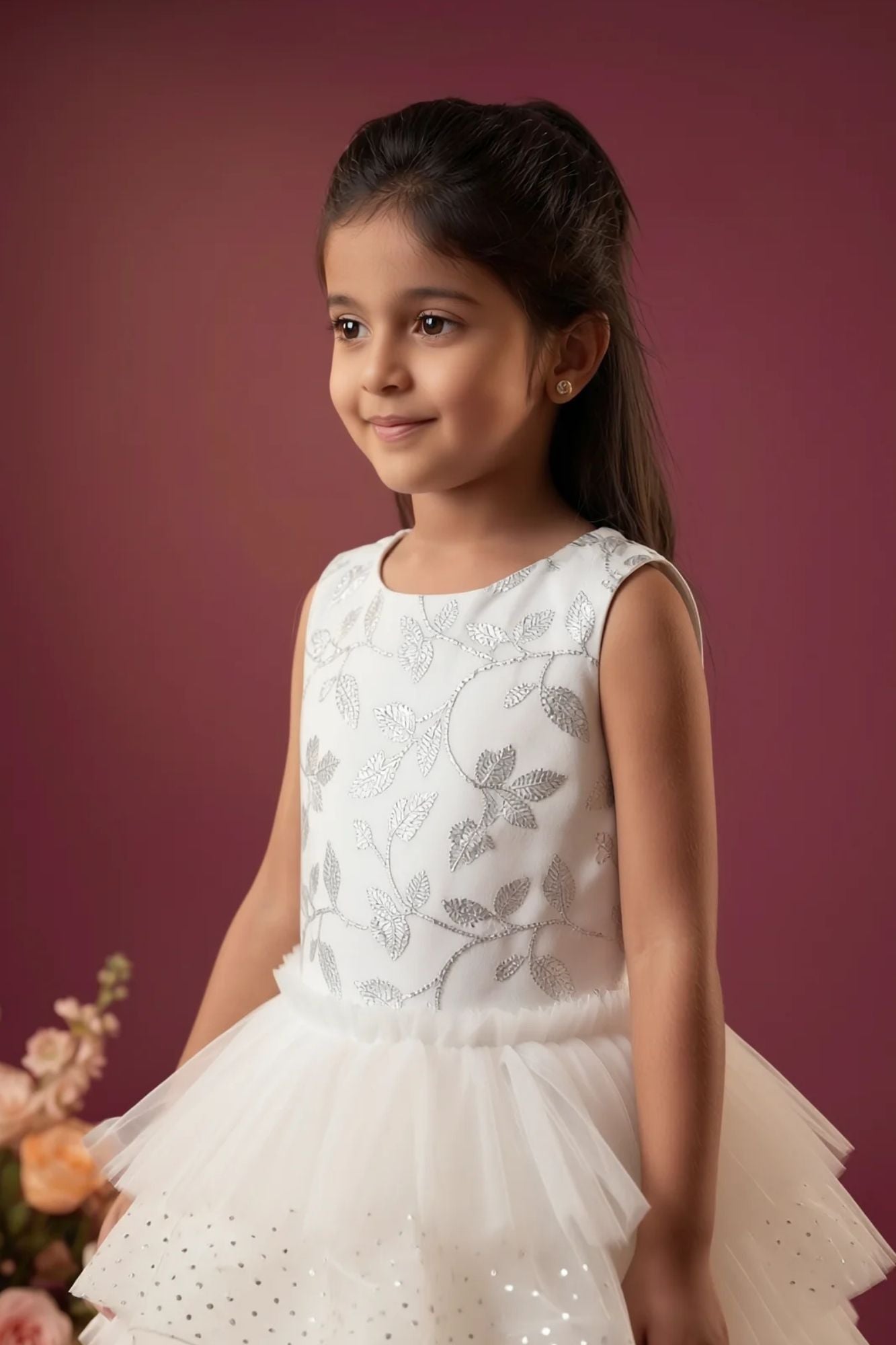 Girls White Embroidered Layered Net Party Wear Frock