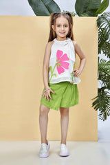 Stylish Green Skirt With Sleeveless Printed Top Set For Girls