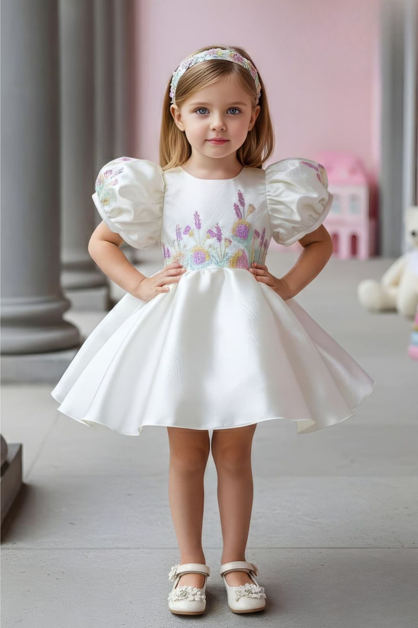 White Floral Embroidered Puff Sleeve Party Frock For Girls