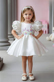 White Floral Embroidered Puff Sleeve Party Frock For Girls