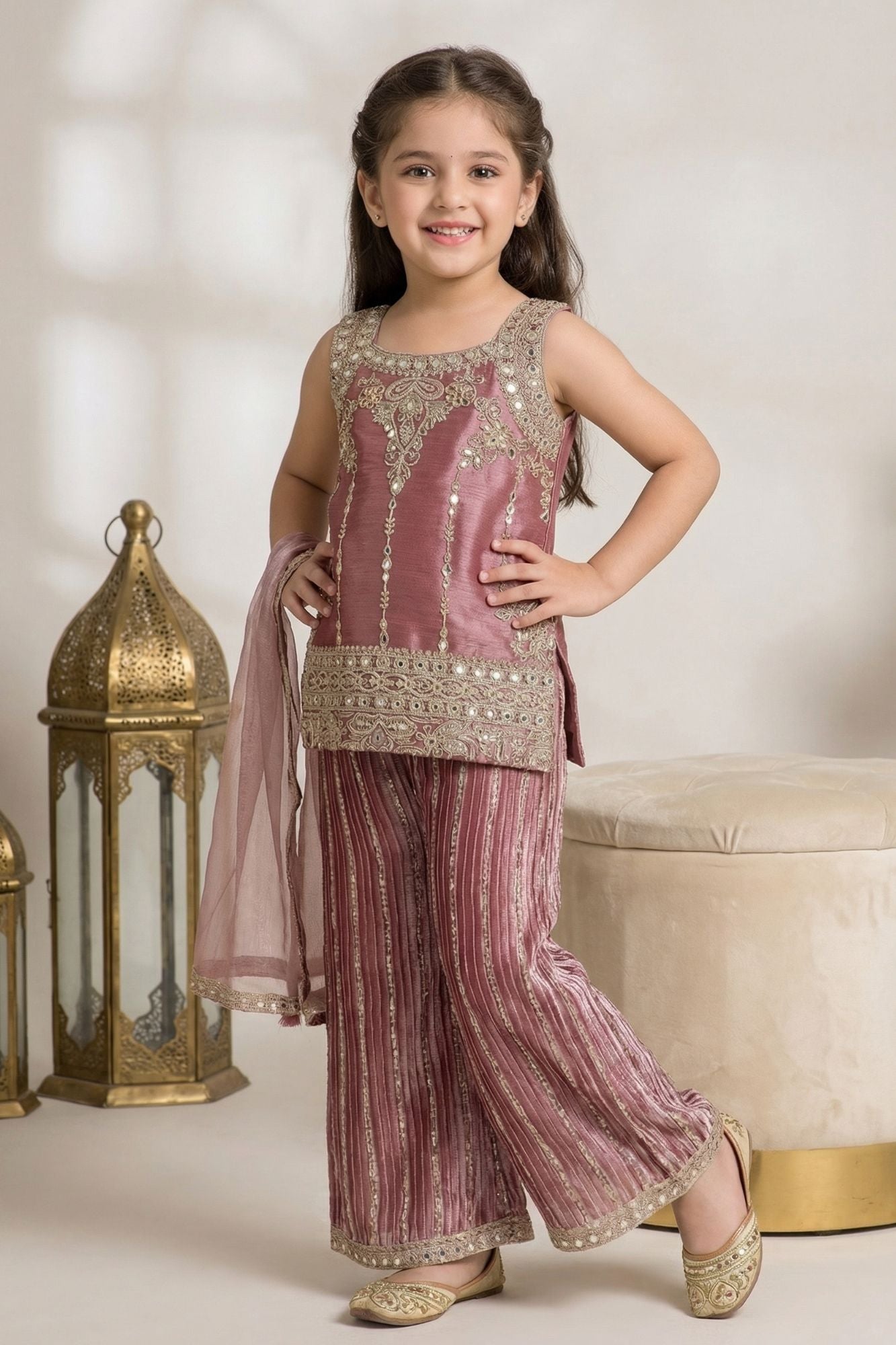 Dusty Pink Designer Embroidered Palazzo Set For Girls