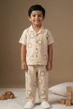 Cream Lion Print Cotton Night Suit Set For Boys