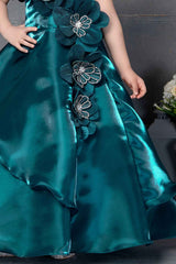 Blue Organza Gown With Floral Embellished For Girls