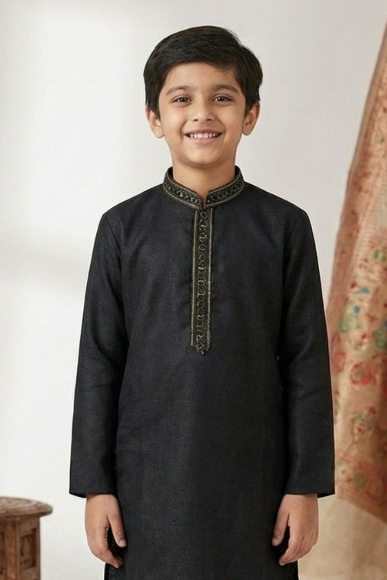 Black Embroidered Linen Kurta Set For Boys