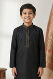 Black Embroidered Linen Kurta Set For Boys