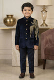 Navy Blue Embroidered Jodhpuri Suit Set With Golden Peacock Motif For Boys