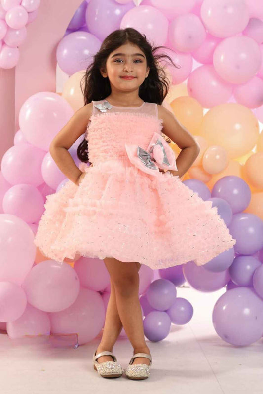 Pink Sleeveless With Bow And Butterfly Embellished Frock For Girls