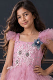 Girls Lavender Floral Embellished Layered Party Wear Gown