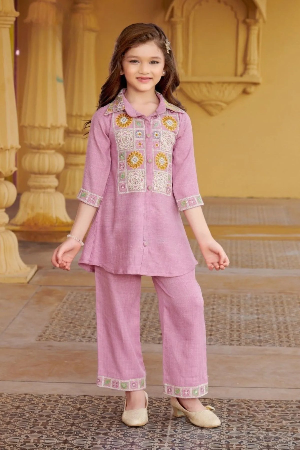 Soft Pink Embroidered Co-ord Set For Girls