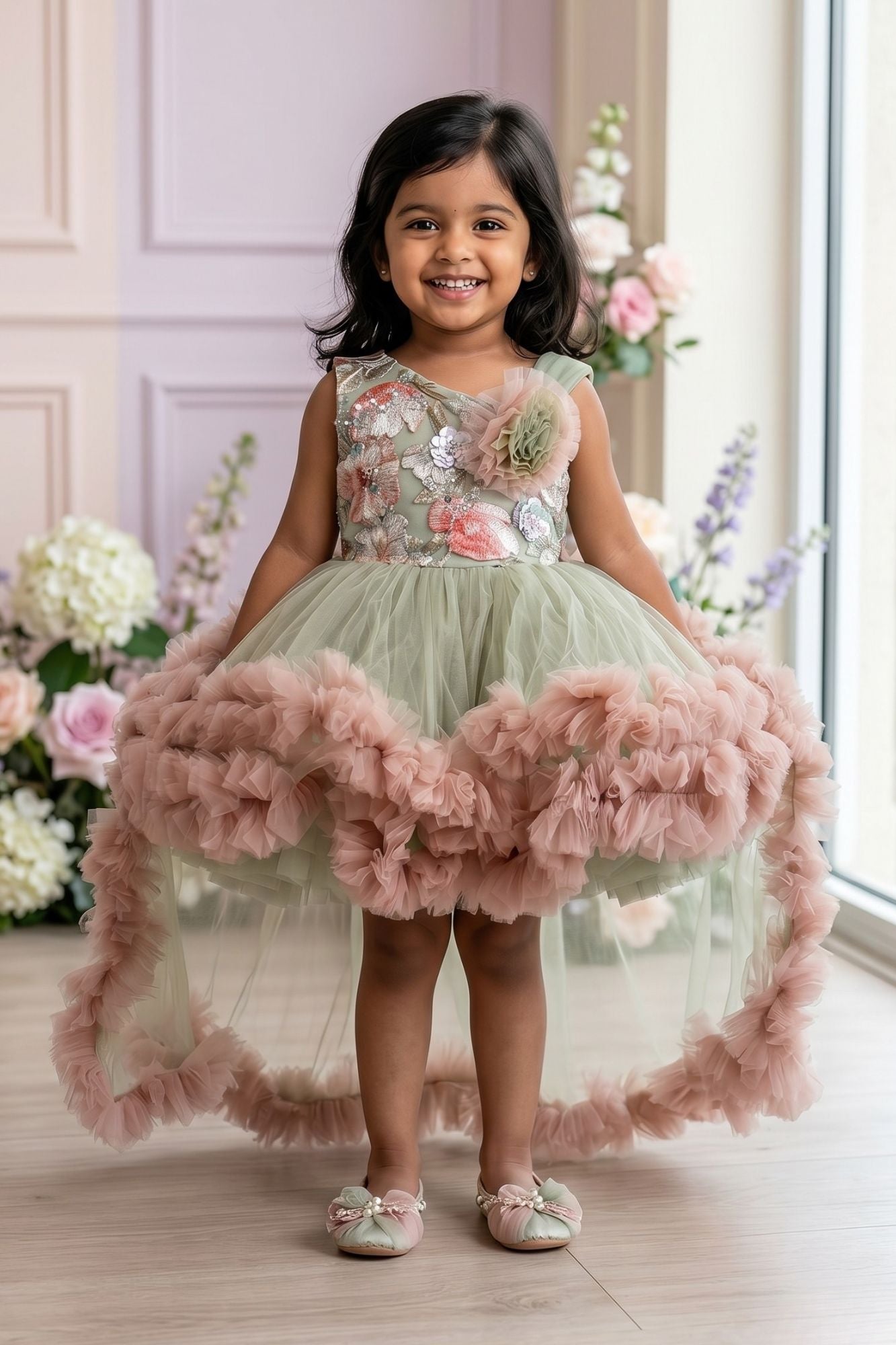 Girls Sage Green And Blush Pink Floral Party Frock With Ruffle High-Low Hem