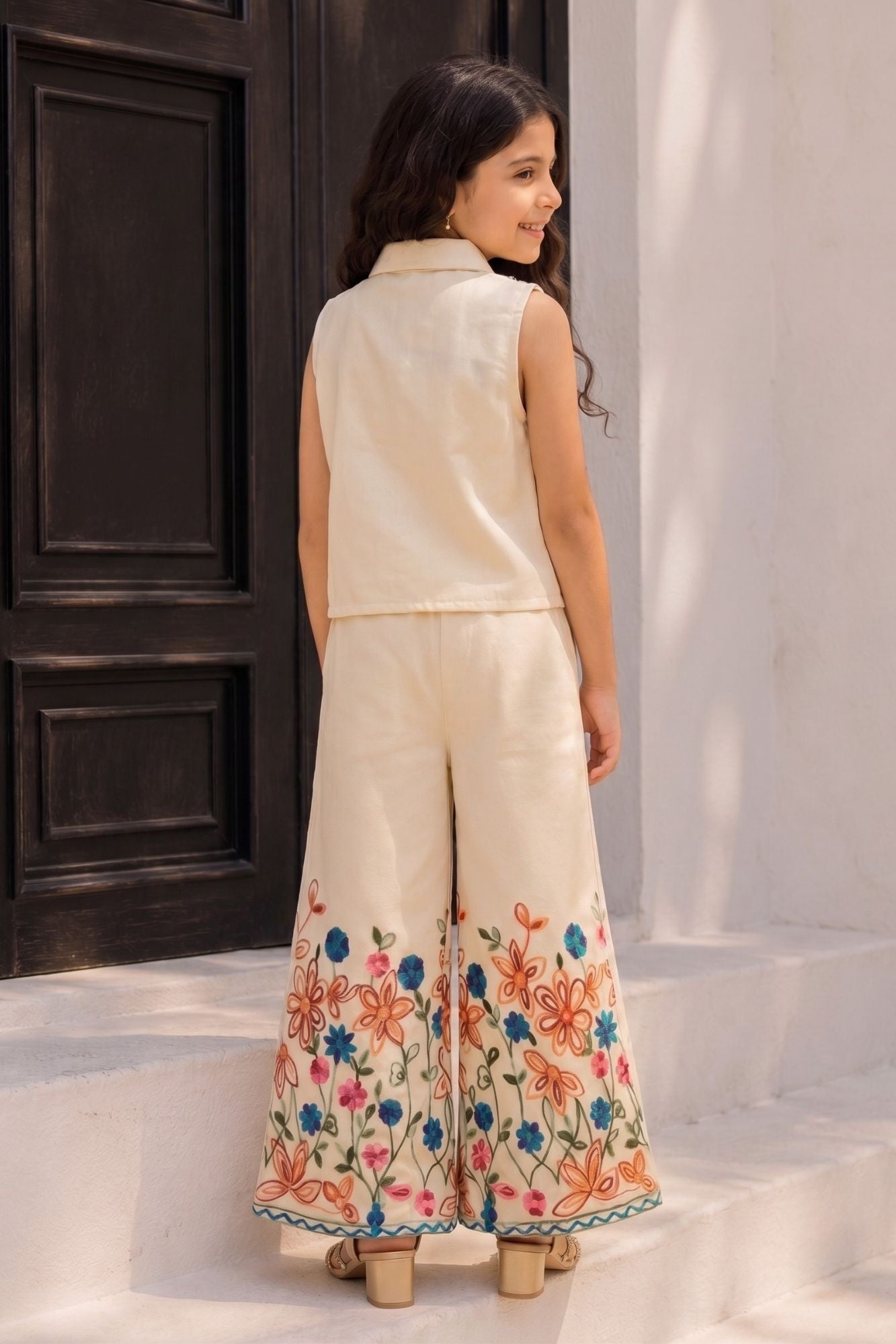 White Floral Embroidered Crop Top and Palazzo Co ord Set