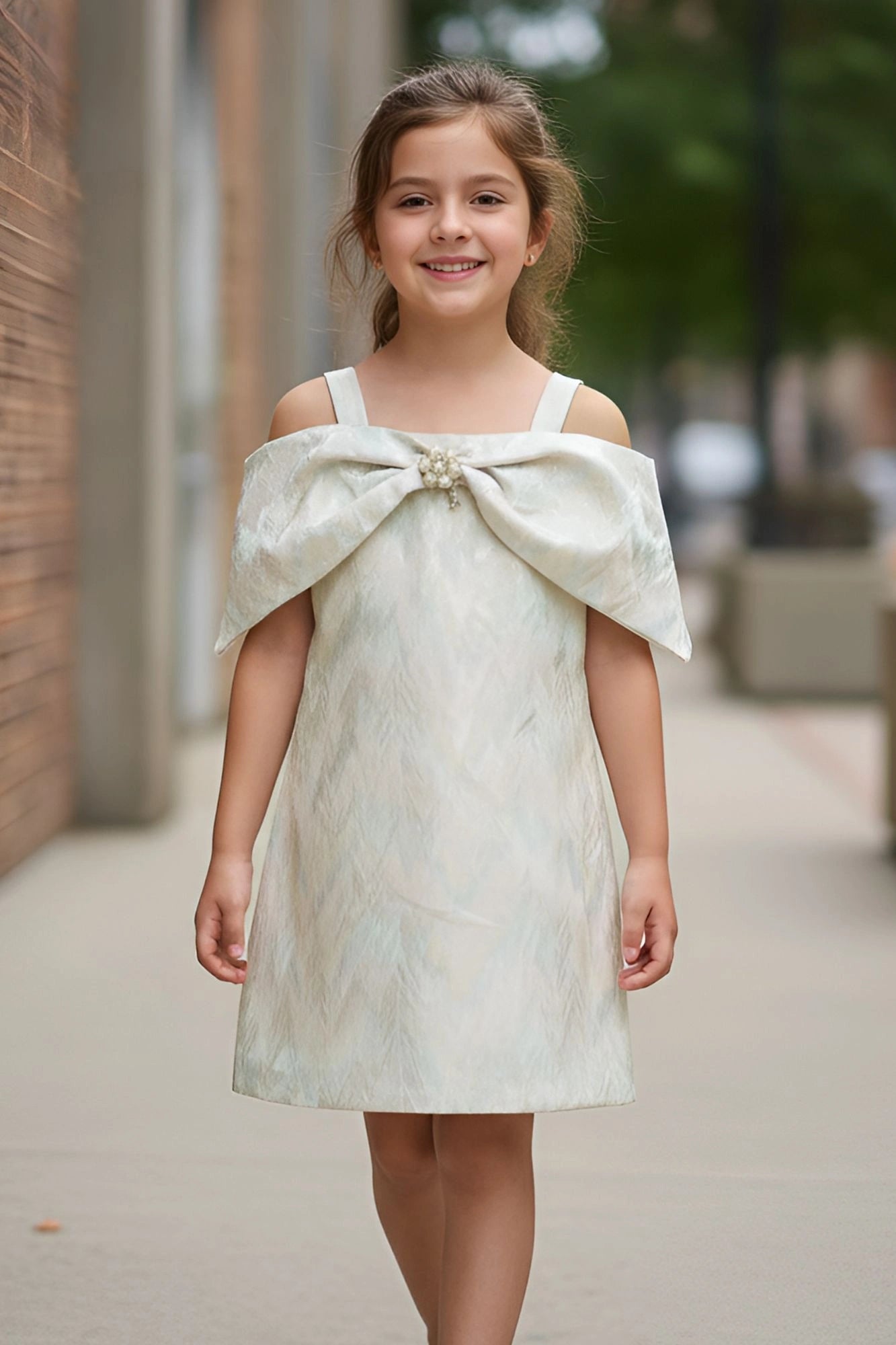 Ivory Off-Shoulder Bow Party Dress For Girls