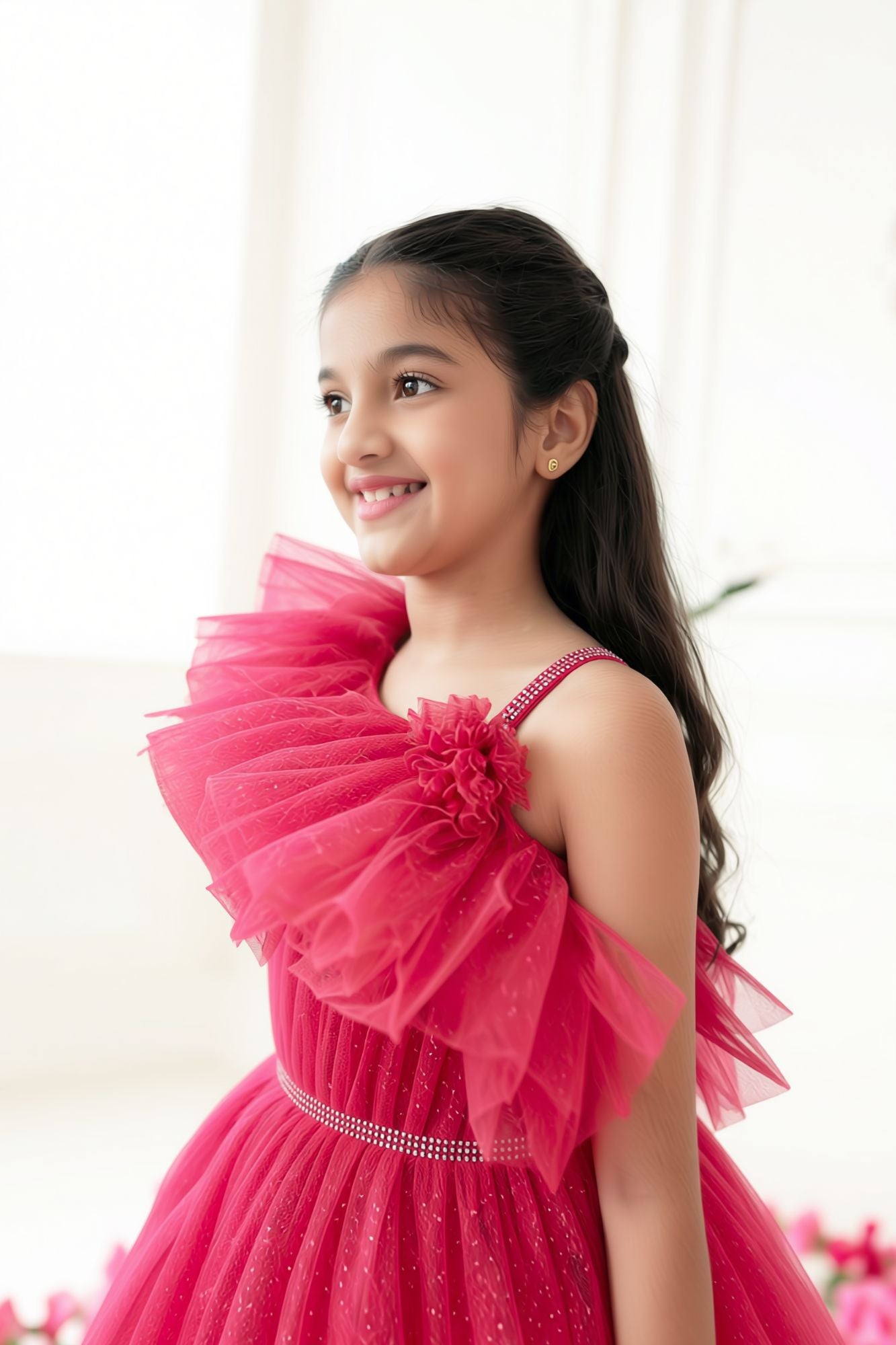 Rani Pink One-Shoulder Net Party Gown with Layered Ruffle Hem For Girls