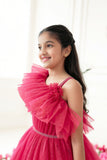 Rani Pink One-Shoulder Net Party Gown with Layered Ruffle Hem For Girls