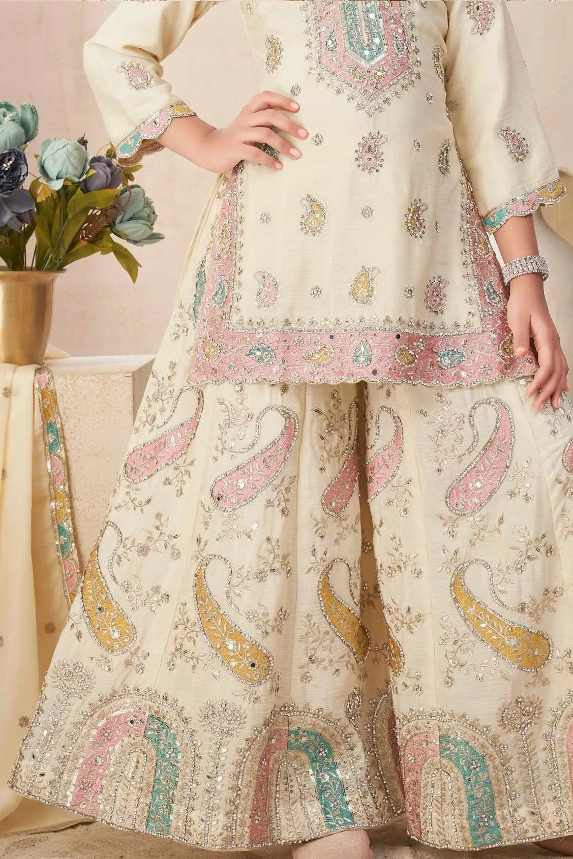 Cream Embroidered Palazzo Set for Girls