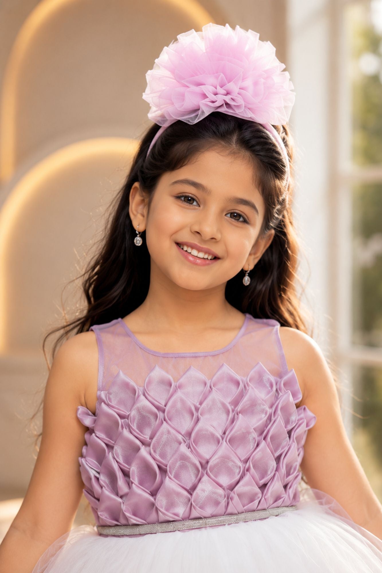 Onion Pink High-Low Party Wear Tulle Frock with Ruffle Layers For Girls