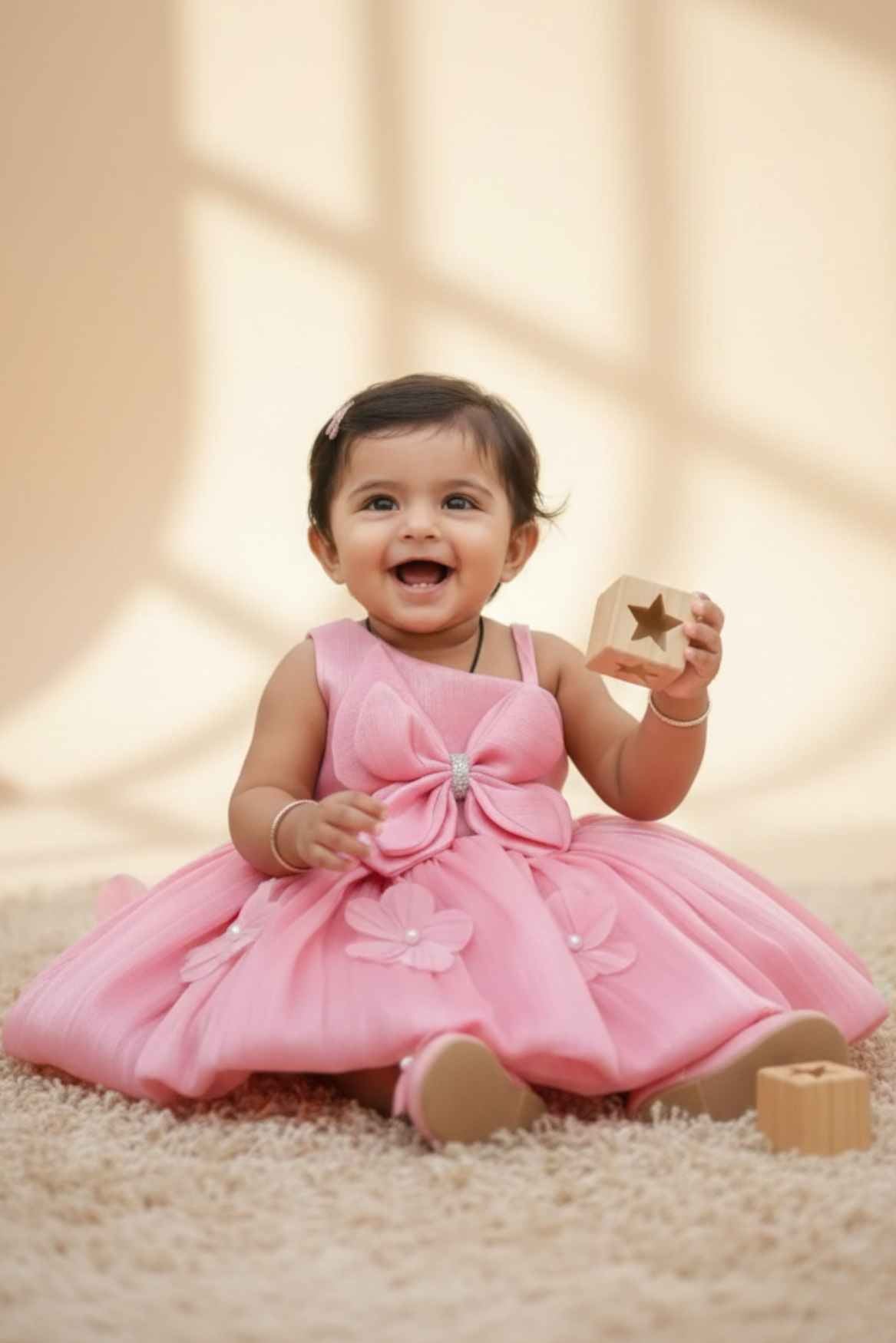 Peach Party Wear Frock with 3D Floral Appliqué and Bow Accent For Girls