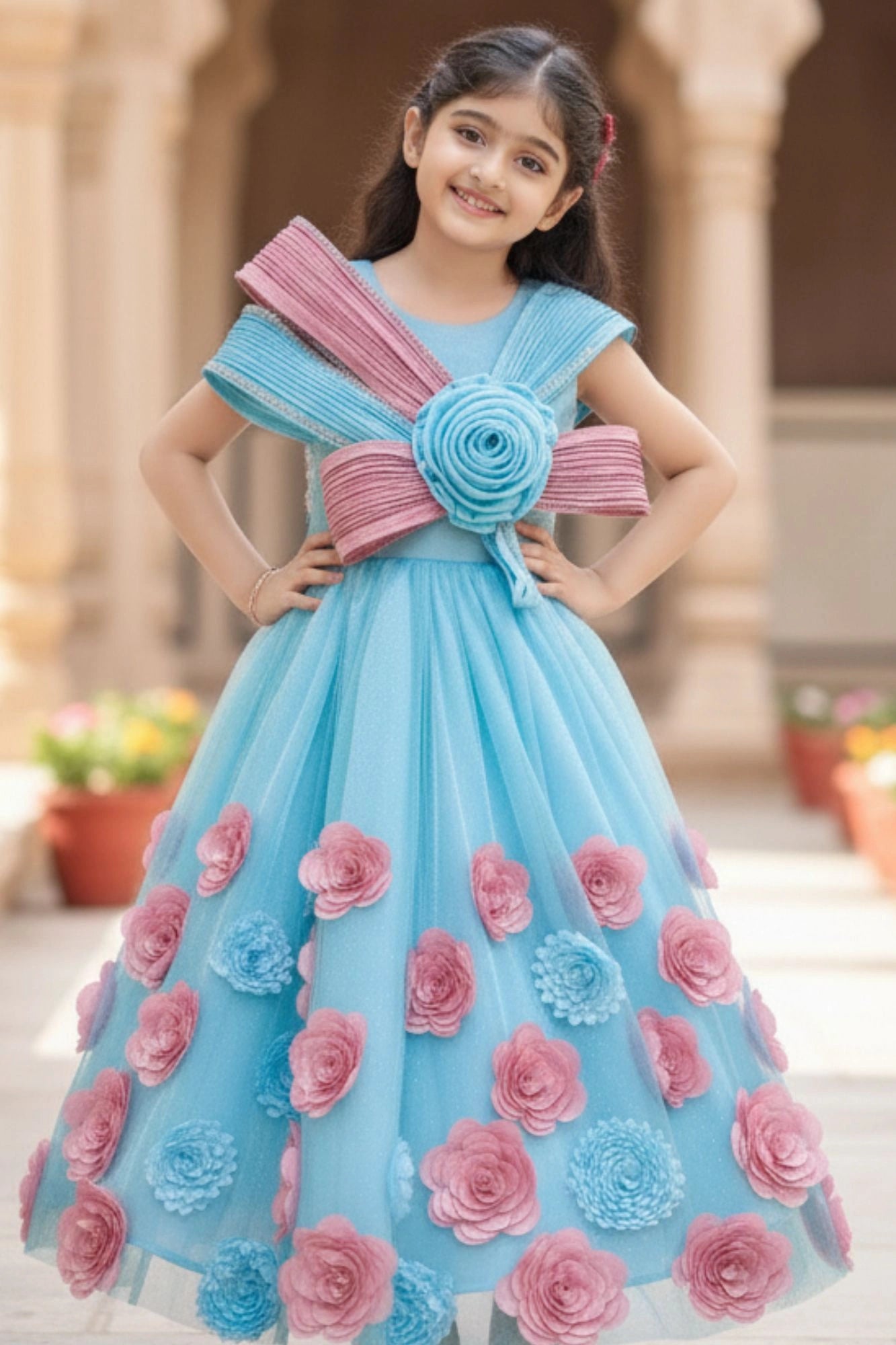 Dreamy Blue & Pink 3D Floral Embellished Party Gown For Girls