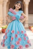 Dreamy Blue & Pink 3D Floral Embellished Party Gown For Girls