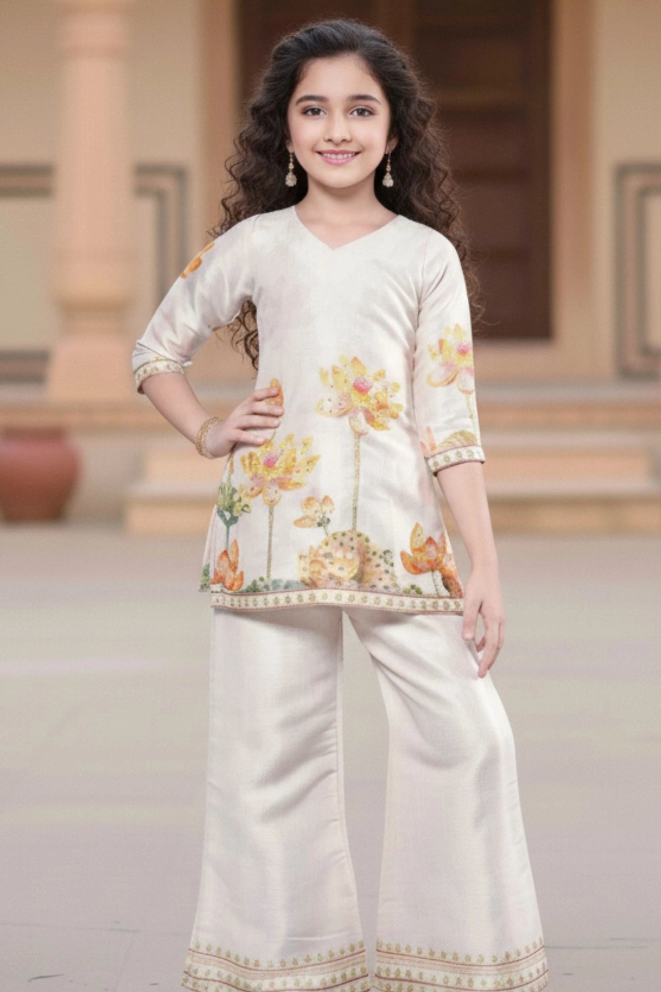 Beige Floral Printed and Sequins Work Palazzo Set For Girls
