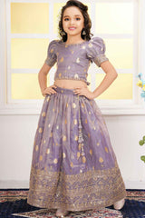 Purple Sequins Embroidered Lehenga Choli Set For Girls