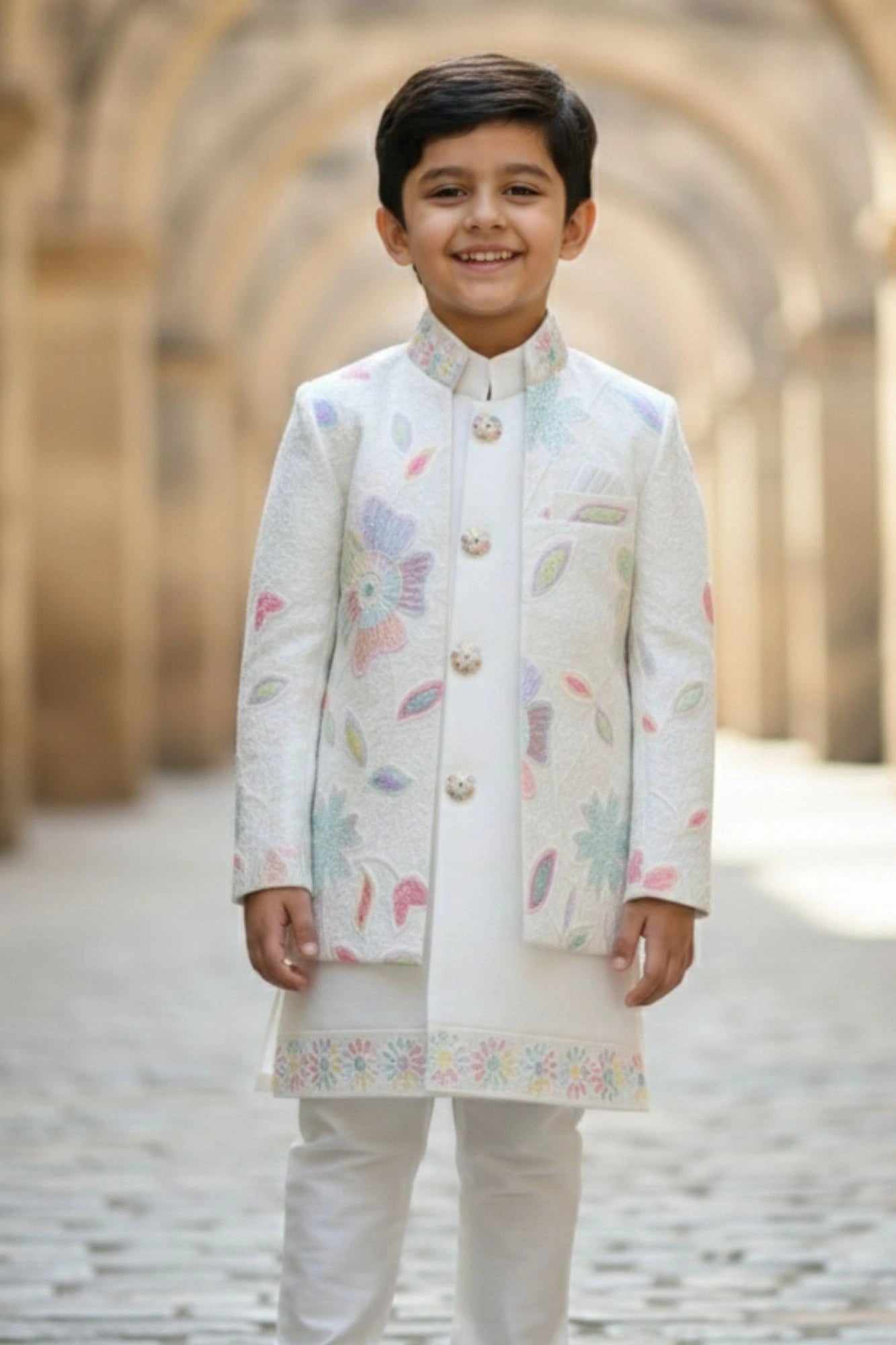 Ivory Pastel Sequins Embroidered Sherwani Set with Jacket For Boys