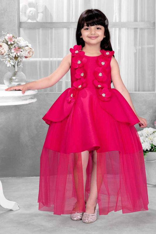 Rani Pink Floral Embellished Party Wear Tailback Frock For Girls