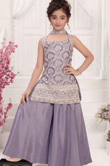 Lavender Sequins Embroidered Palazzo Set With Dupatta For Girls