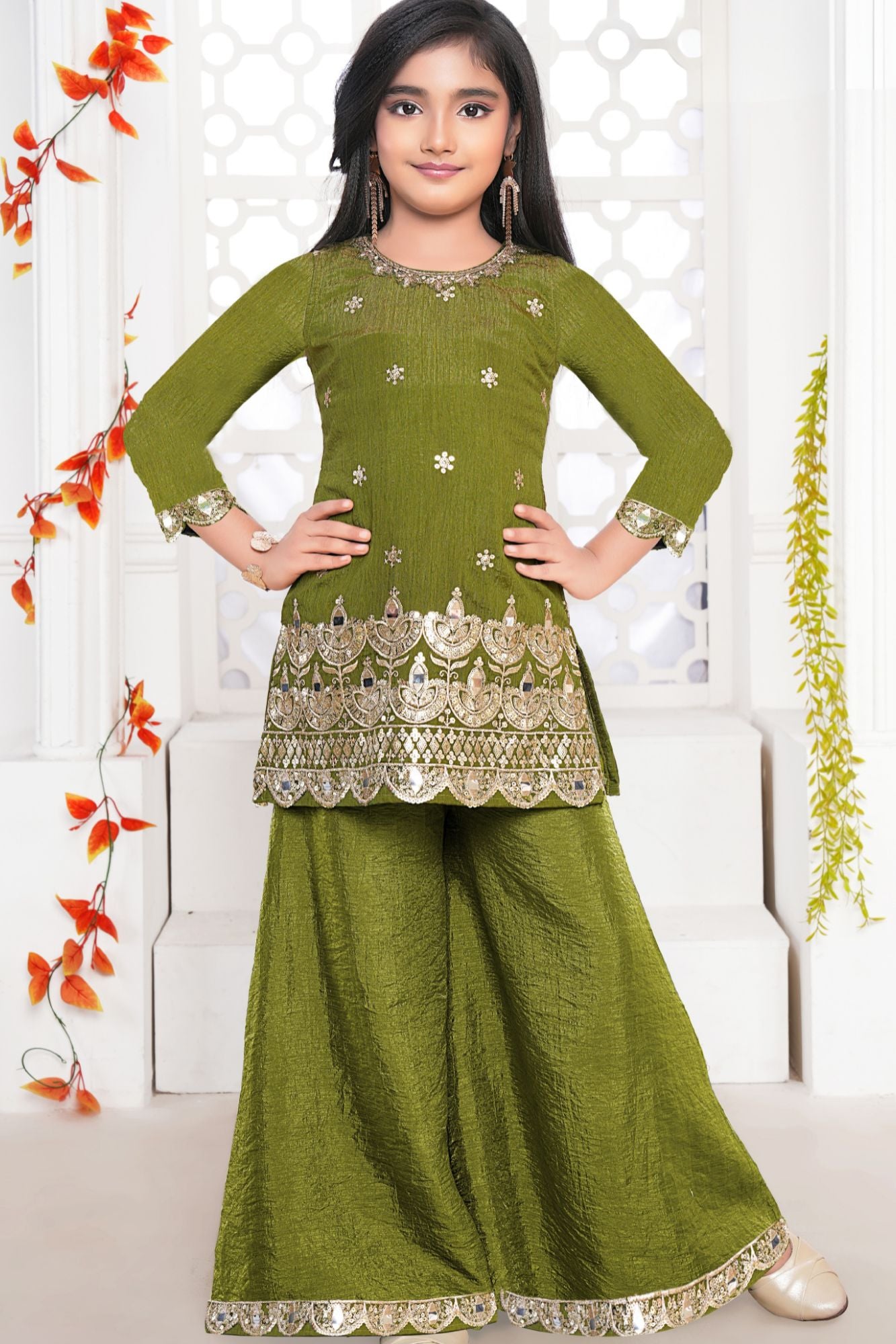 Olive Green Embroidered Palazzo Set For Girls