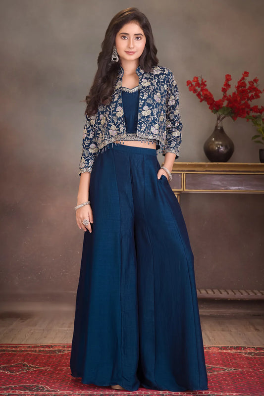 Navy Blue Embroidered Palazzo Set with Crop Top & Jacket For Girls