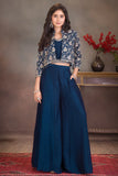 Navy Blue Embroidered Palazzo Set with Crop Top & Jacket For Girls