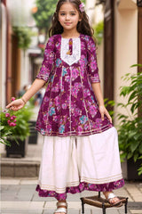 Wine Floral Printed Ethnic Sharara Set For Girls