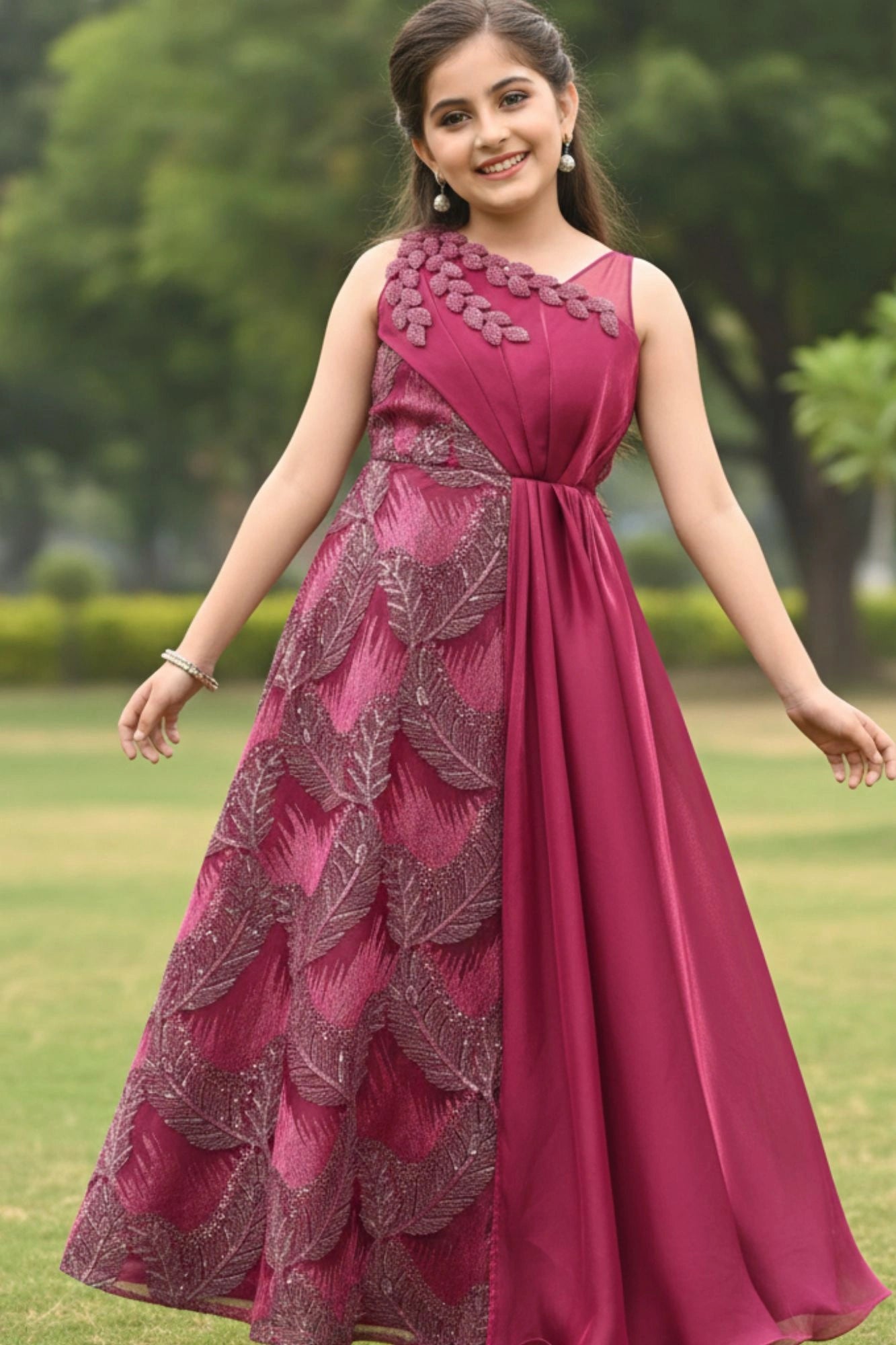 Designer Crimson Red Sequin Embellished Feather Party Gown For Girls