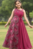 Designer Crimson Red Sequin Embellished Feather Party Gown For Girls