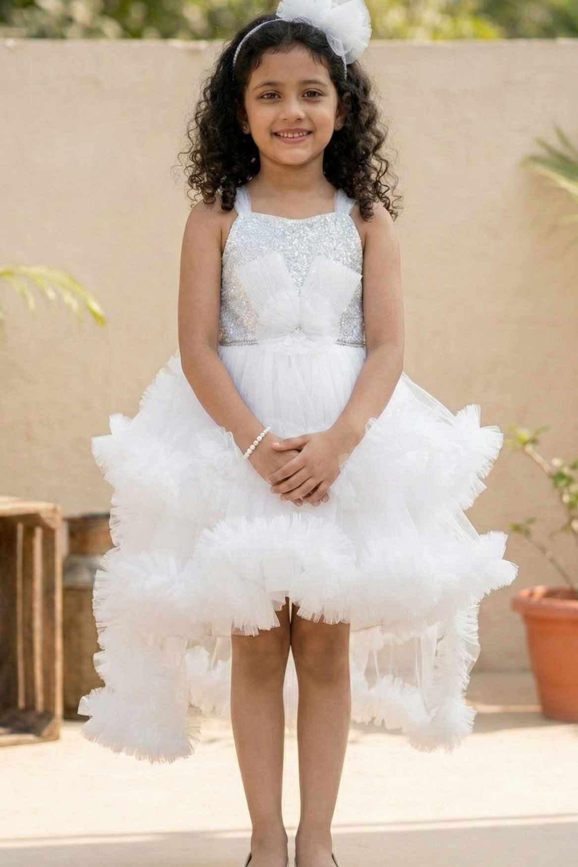 White Sequin High-Low Layered Party Frock with Bow For Girls
