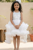 White Sequin High-Low Layered Party Frock with Bow For Girls