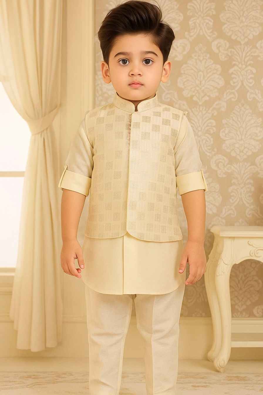 Cream Kurta Set With Sequins Embroidered Waistcoat For Boys