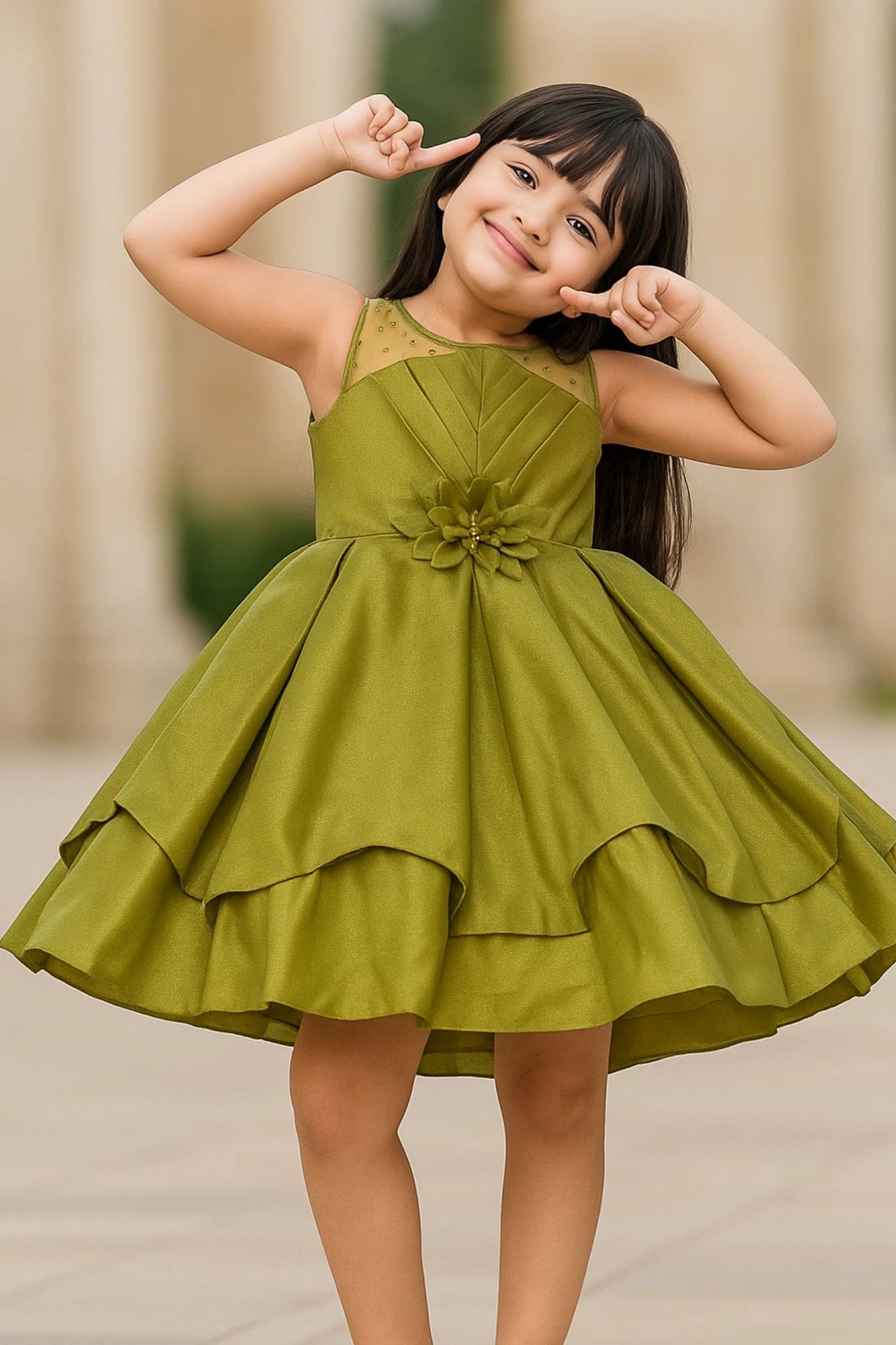 Olive Green Satin Party Wear Frock with Floral Waist Appliqu For Girl Lagorii Kids Olive Green Satin Party Wear Frock with Floral Waist Appliqu For Girl Lagorii Kids