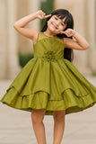 Olive Green Satin Party Wear Frock with Floral Waist Appliqué For Girls