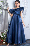 Navy Blue Organza Partywear Gown With Stone Waist Band For Girls