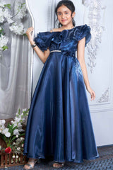 Navy Blue Organza Partywear Gown With Stone Waist Band For Girls