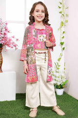 Pink Floral Printed Overcoat And Crop Top With Cream Pant Set For Girls