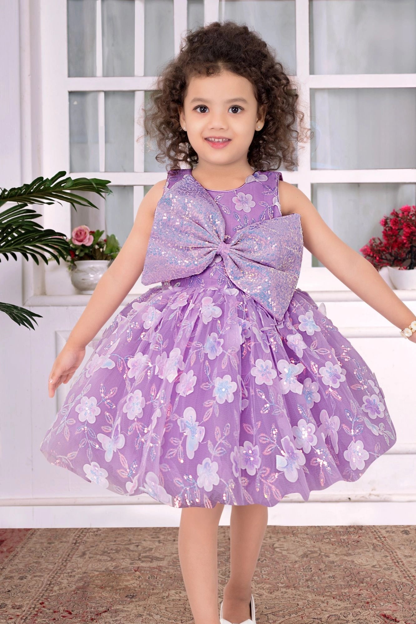 Lavender Party Wear Frock with Oversized Sequin Bow and 3D Floral Embroidery For Girls