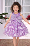 Lavender Party Wear Frock with Oversized Sequin Bow and 3D Floral Embroidery For Girls
