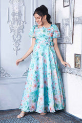 Blue Printed Gown With Puff Sleeves For Girls