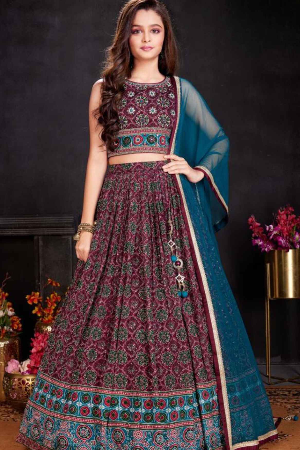Wine & Teal Printed Lehenga Choli Set with Dupatta