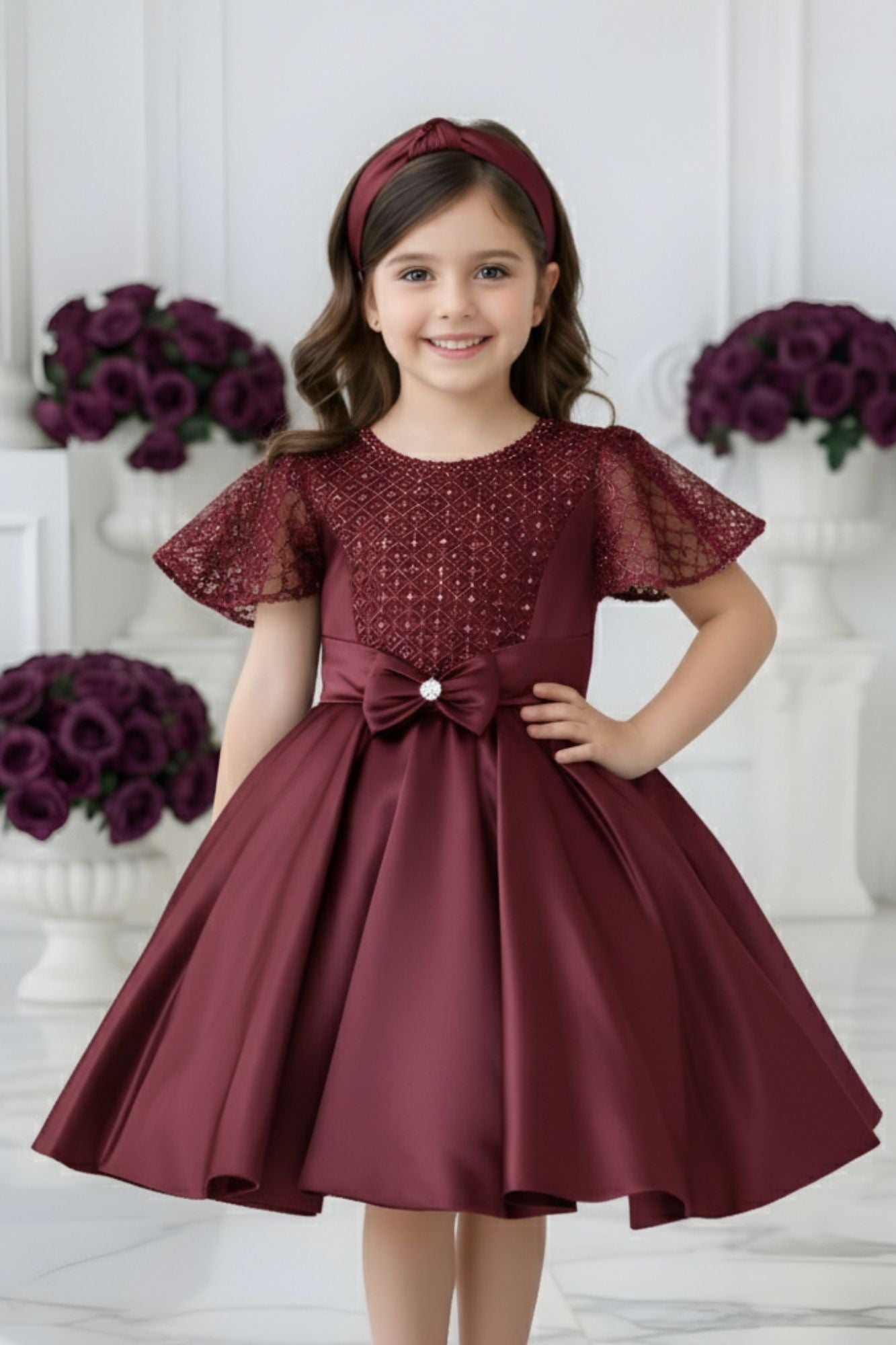Maroon Embellished Party Wear Frock with Bow Waist Accent For Girls