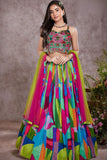 Multicolor Heavy Bead Embroidered Crop Top with Abstract Print Lehenga For Girls